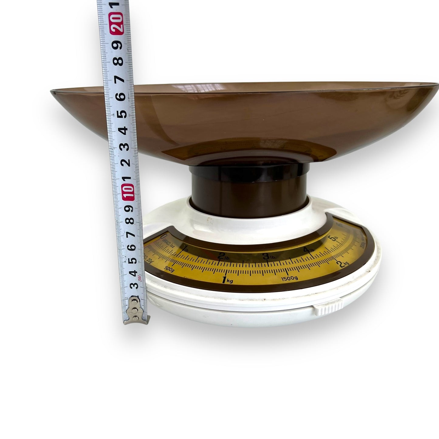 Plastic Kitchen Food Scale with Smokey Grey Bowl, white and yellow base.