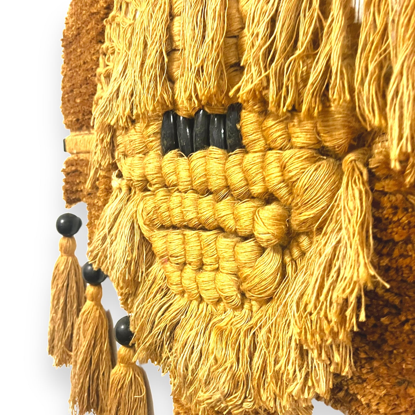 Mid Century Large Fibre Wall Art Tapestry with tassels and black wooden beads