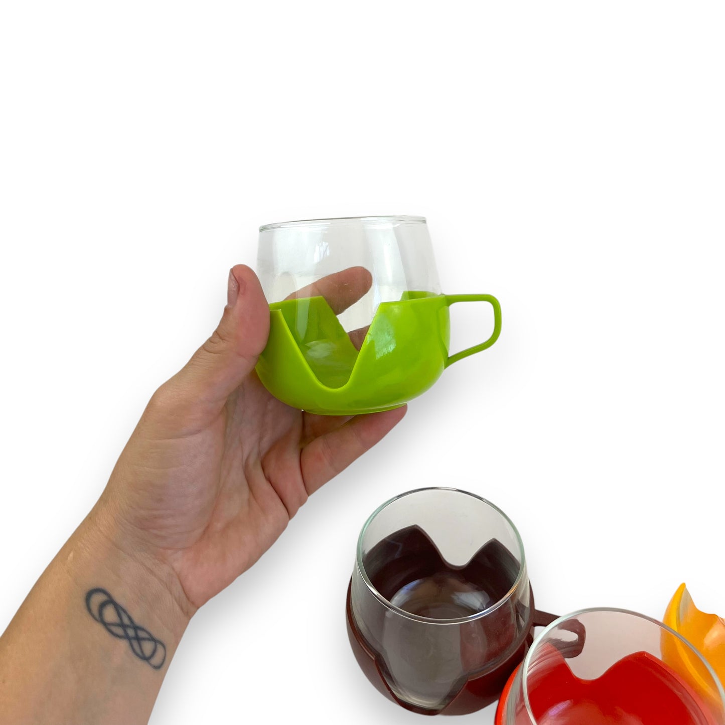 Dutch Glass Cups with Bright Colour Plastic Holders - Made in Holland - 5 Colourful Retro Mugs