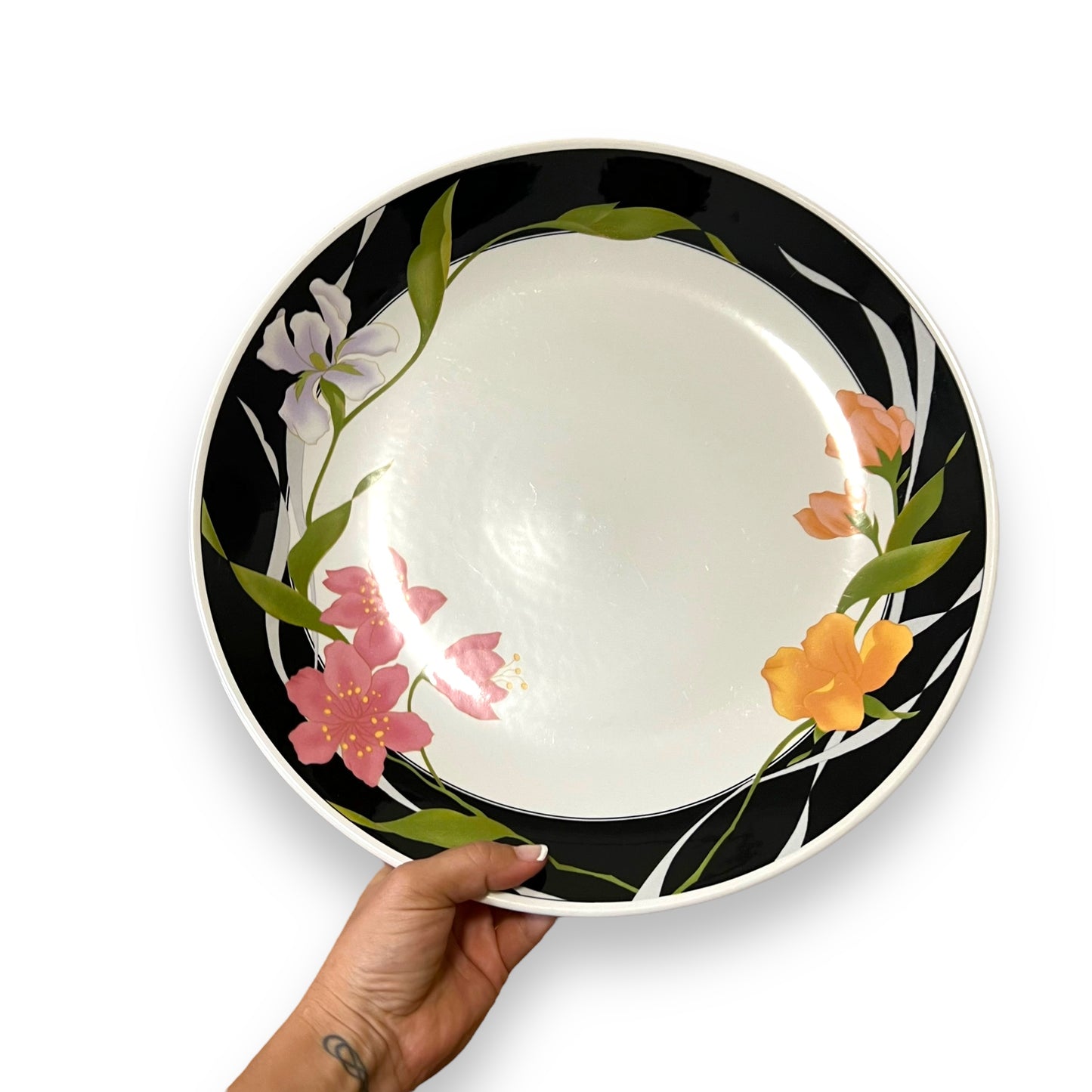 Large Floral Serving Plate with Black Rim | Made in Korea