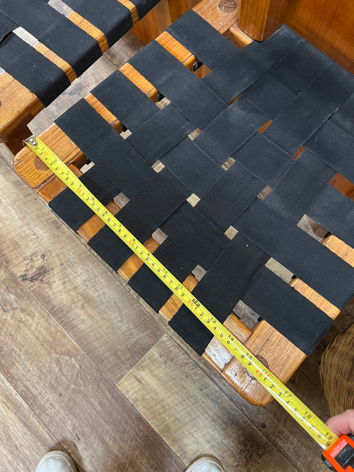 Set of 4 Vintage Timber Dining Chairs with Black Woven Strap Seats