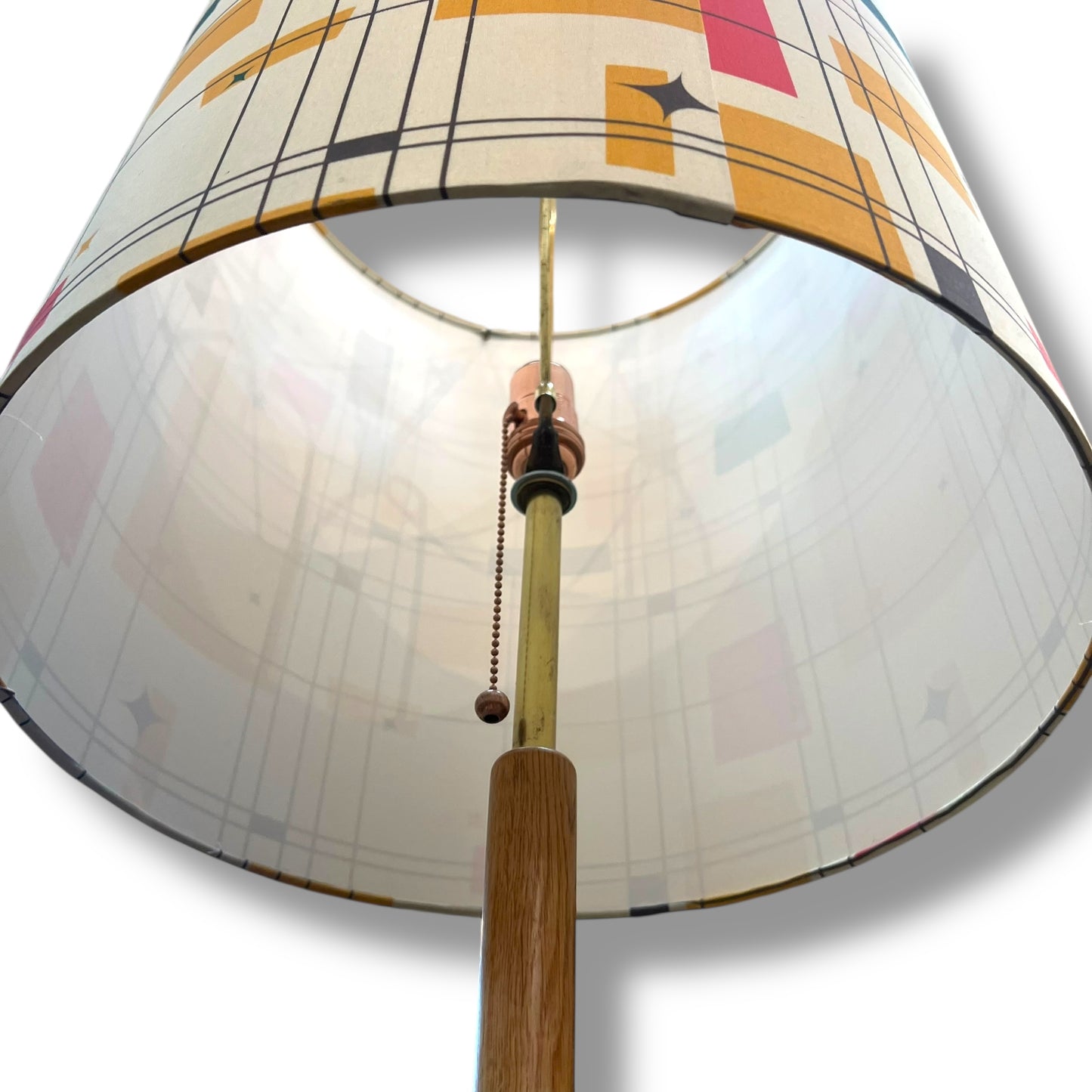 Mid-Century Modern Floor Lamp — Teak & Brass Tripod Base with Retro Atomic Geometric Shade
