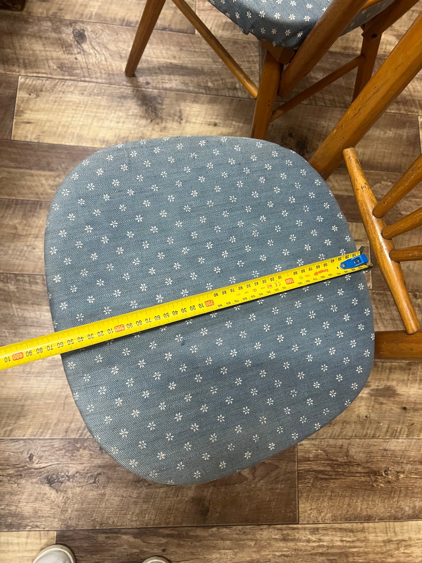 Pair of Timber Dining Chairs with Blue Patterned Upholstered Seats