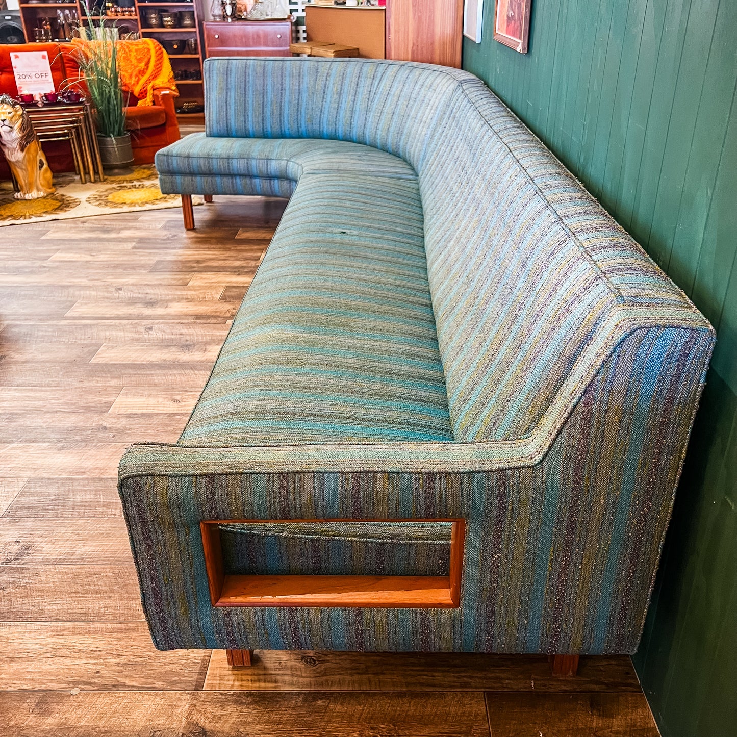 Mid-Century Rosando Brothers Curved Corner Lounge – Blue Striped Upholstery