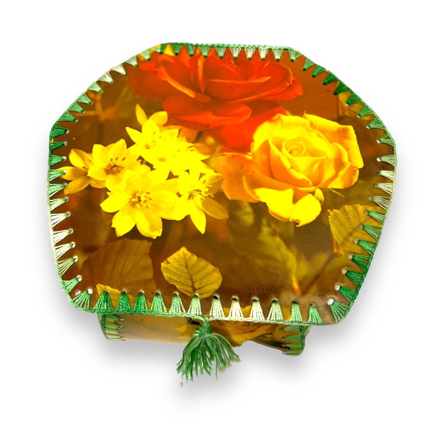 Vintage Folk Art Craft Card Box with Red and Yellow Roses