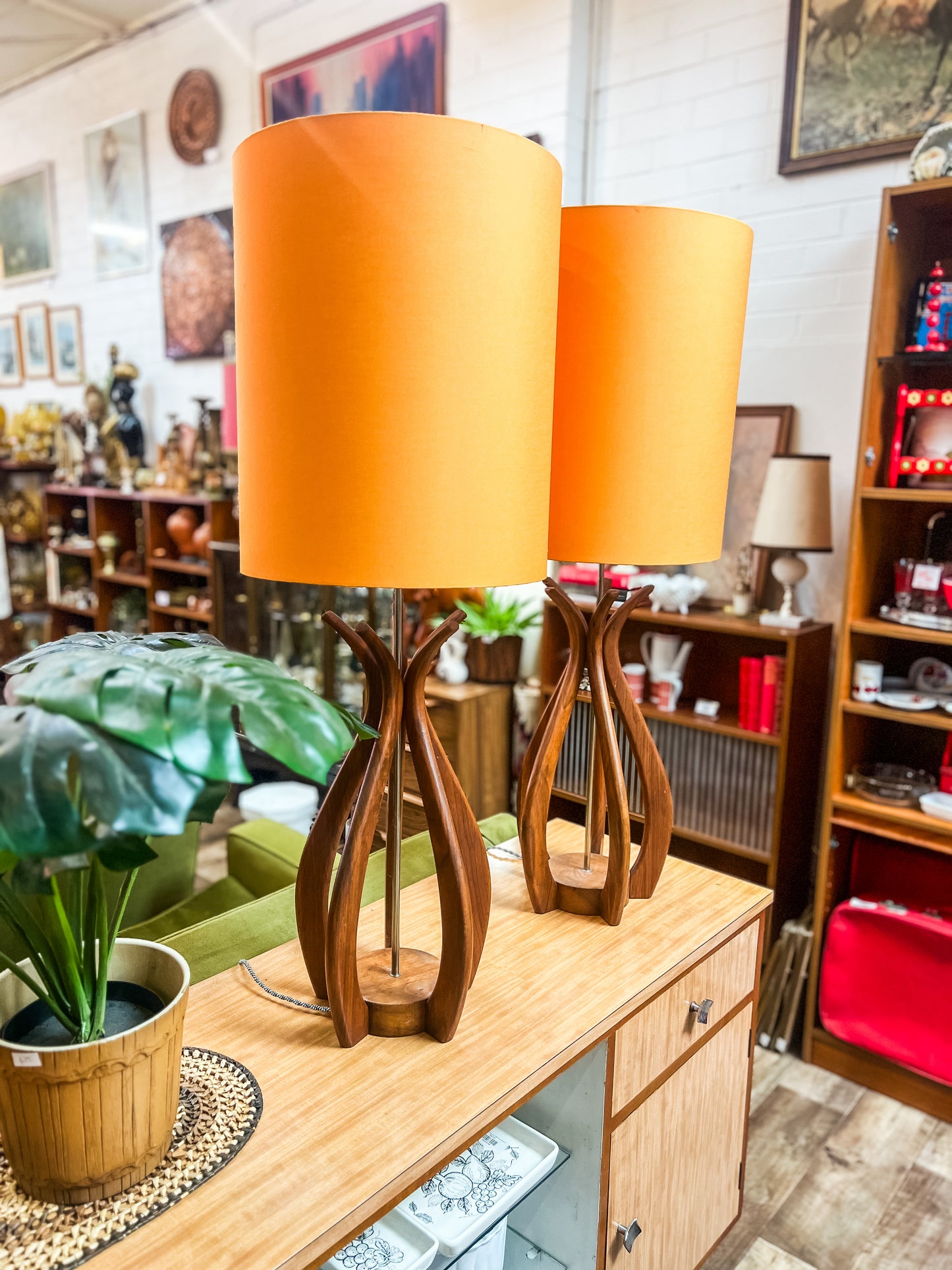 Pair of Mid-Century Teak Sculptural Lamps with Orange shades – Modeline