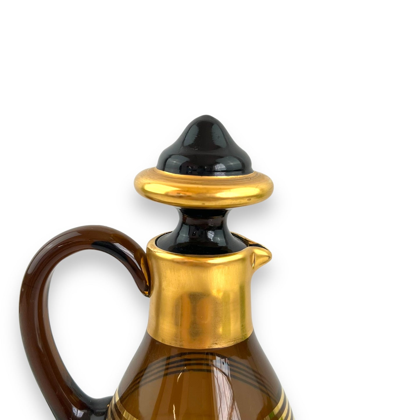 Black Smokey glass gold banded decanter & 4 matching small cups