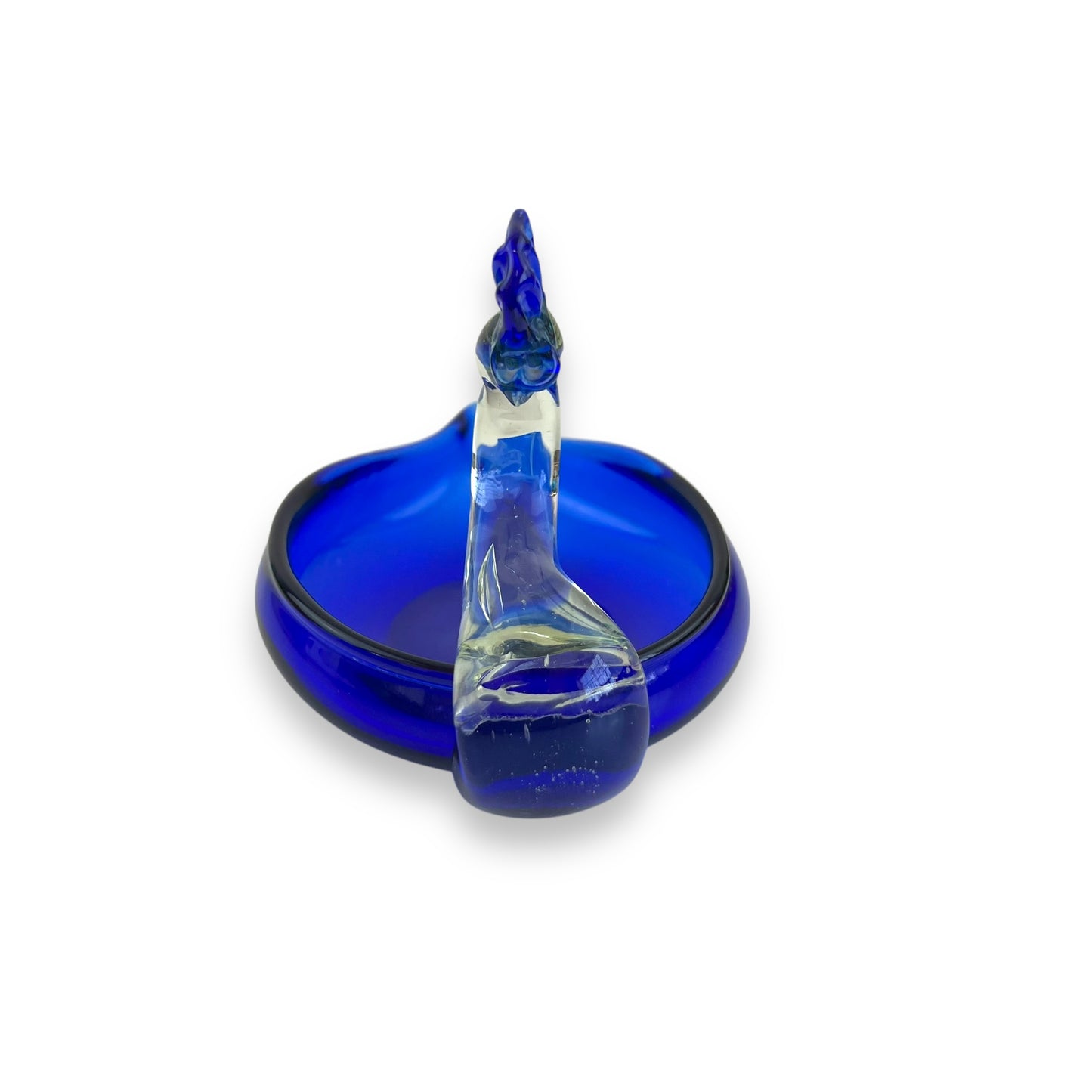 Hand Blown Vintage Blue Glass Art Peacock Swan Bird Trinket Bowl Dish Ashtray