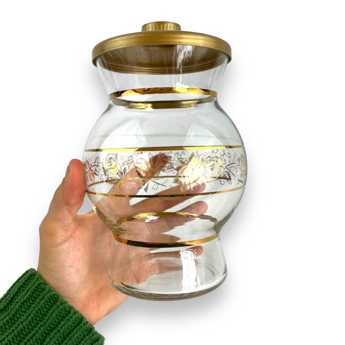 Gold decal glass jar with gold plastic lid