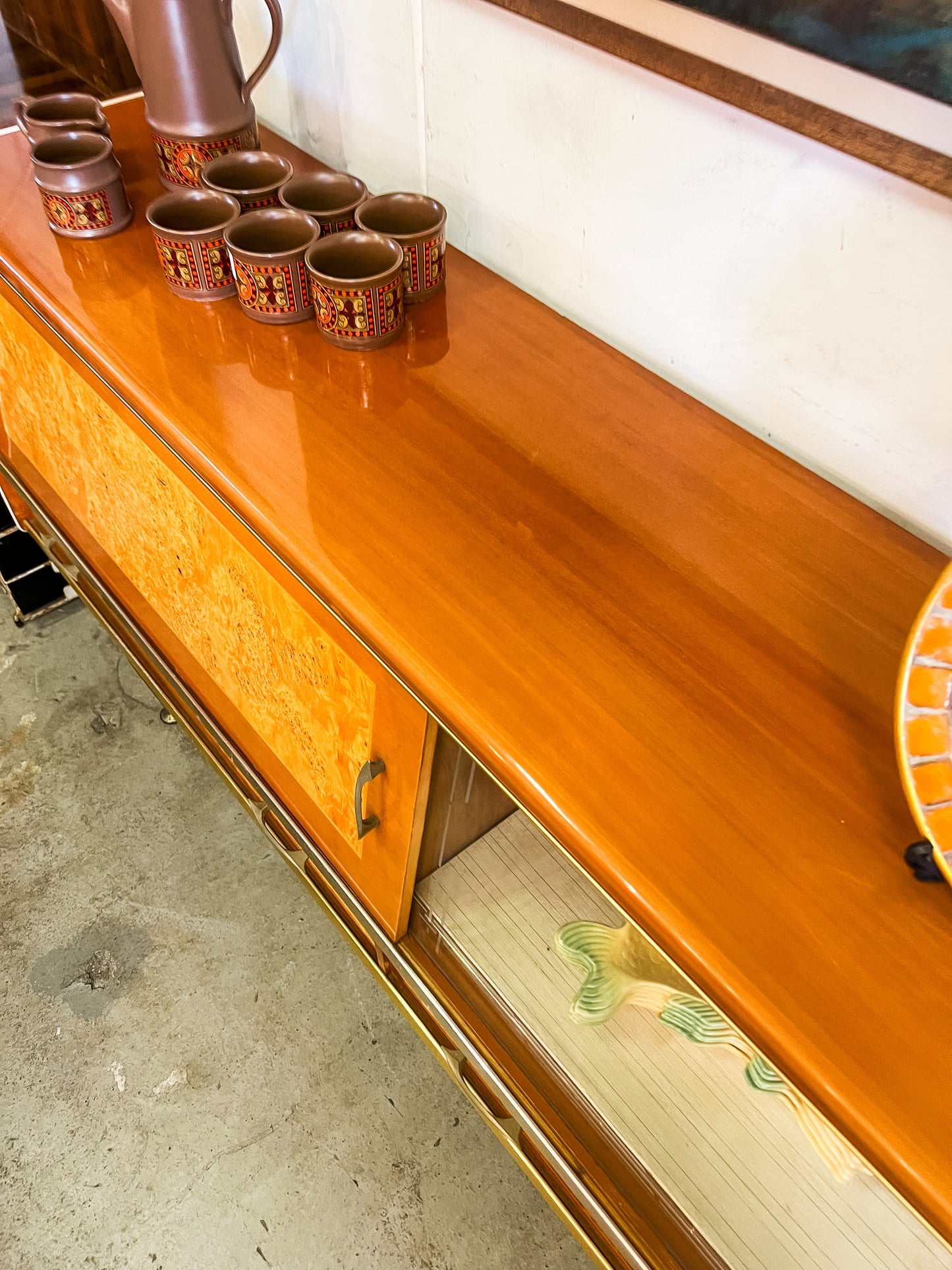 Burl Wood Sideboard with Display Cabinet