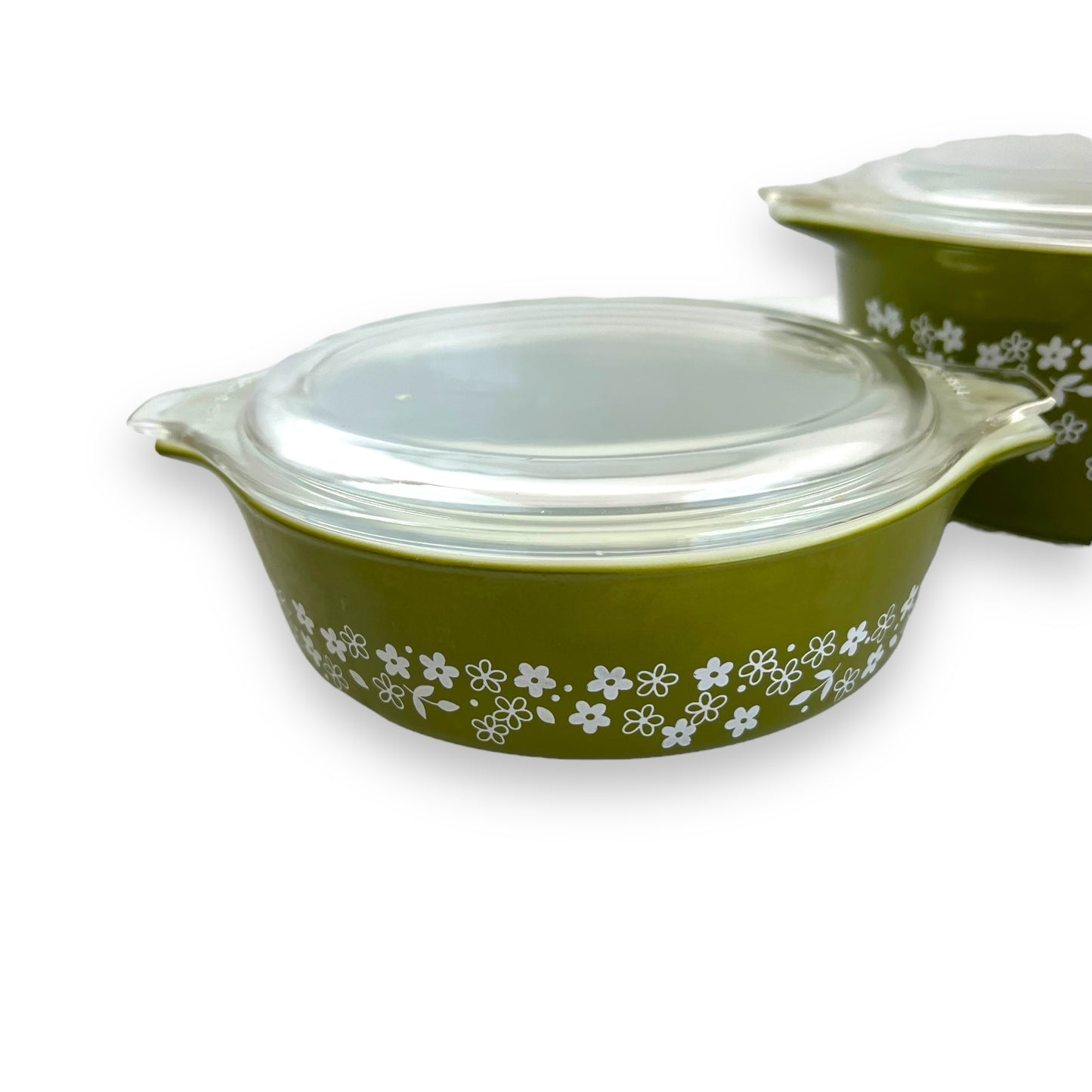 Pyrex Spring Blossom Green Casserole Dish Set of 3 with Lids - Made in USA - 1970s Retro Cookware