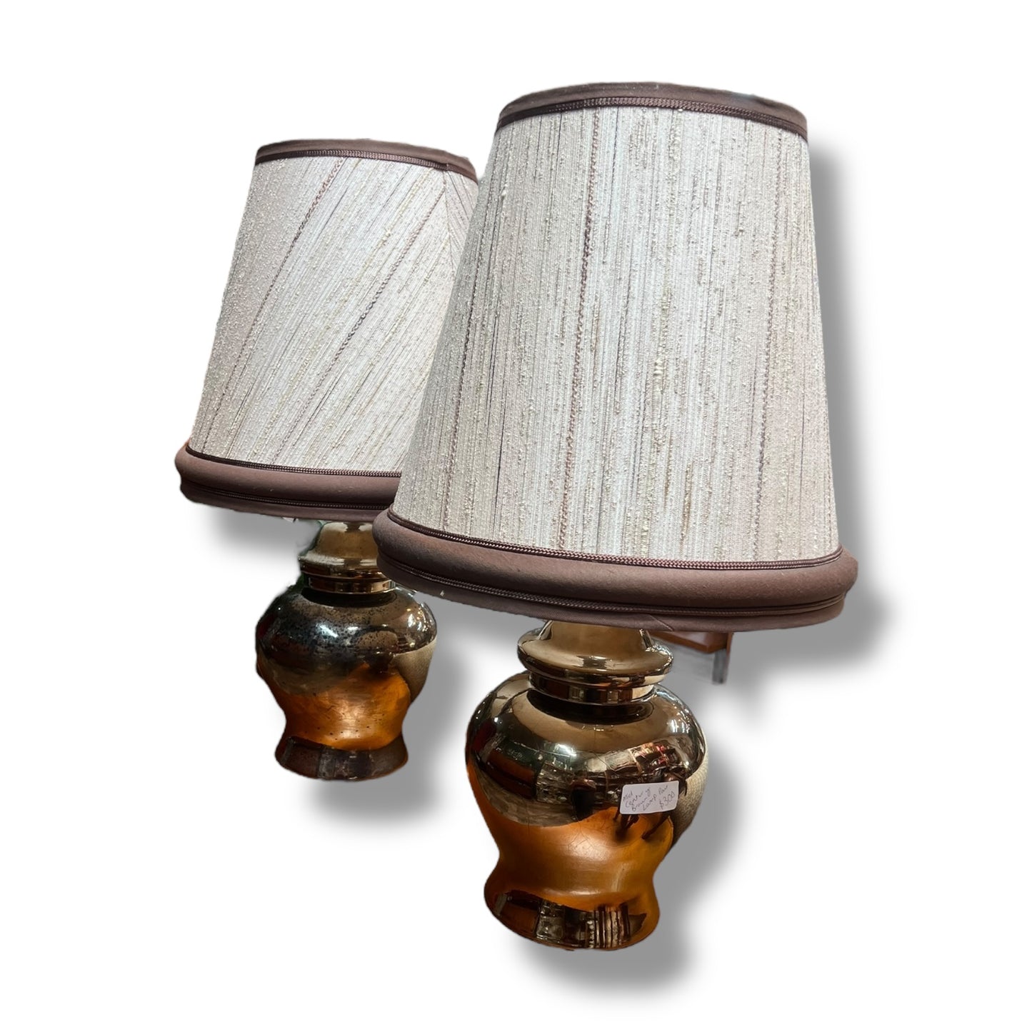 Pair of 1970s Brown Glazed Ceramic Table Lamps with Original Fabric Shades