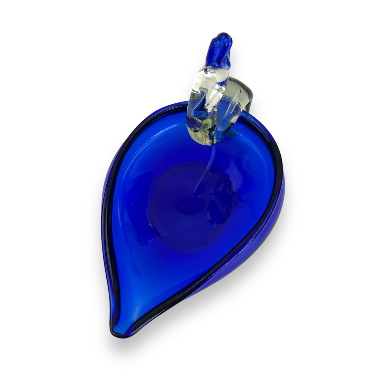 Hand Blown Vintage Blue Glass Art Peacock Swan Bird Trinket Bowl Dish Ashtray