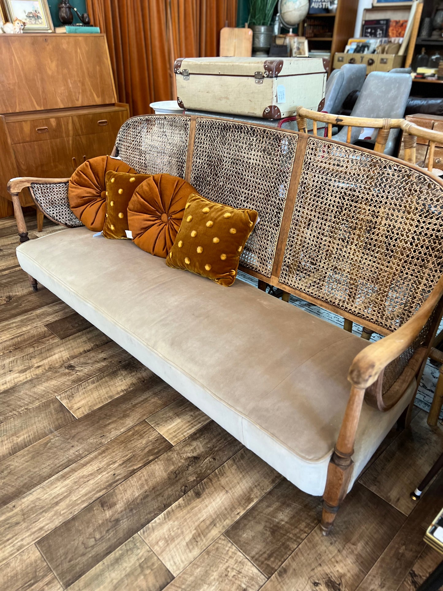Vintage Cane-Back Lounge with Velvet Seat