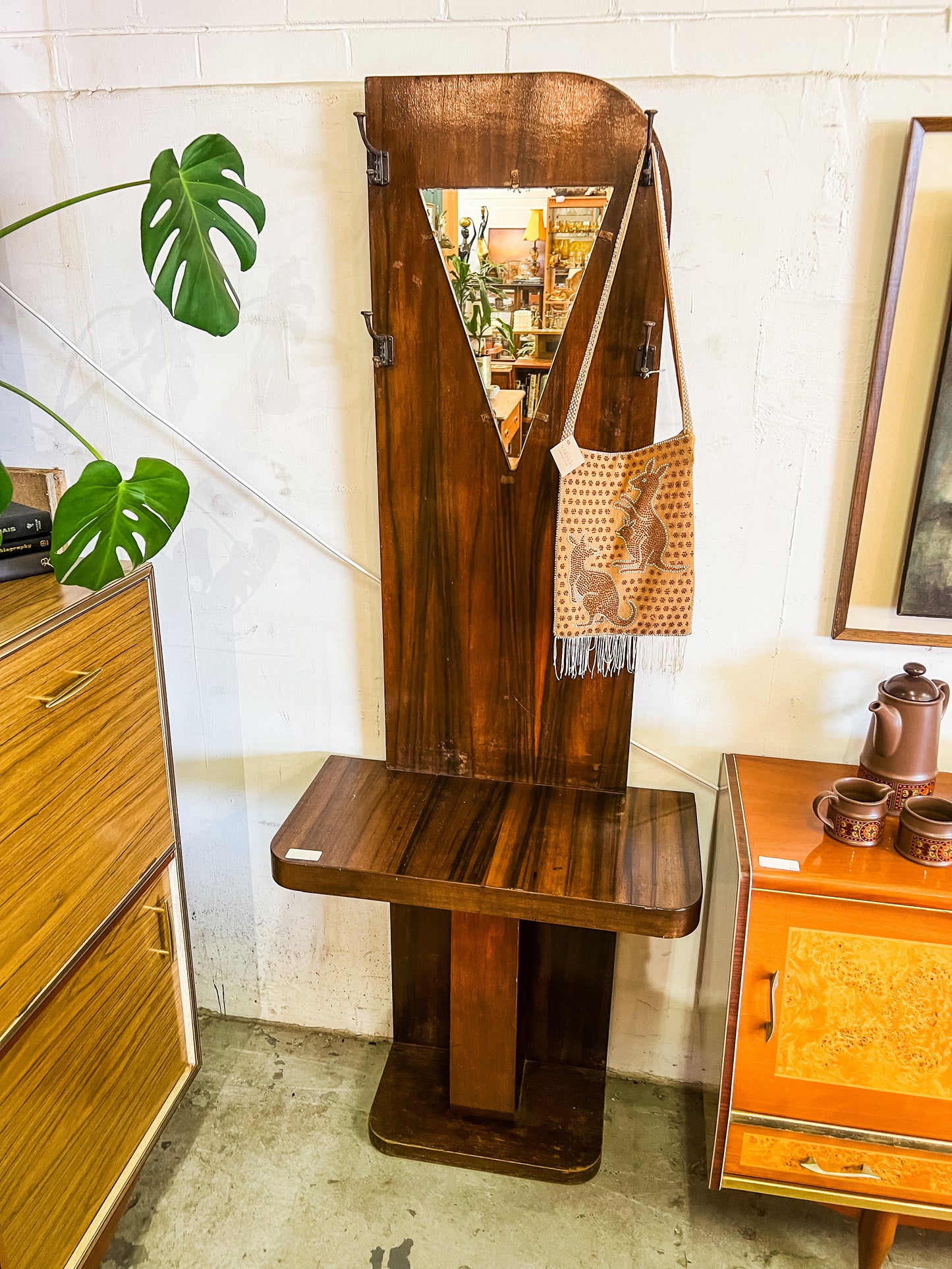 Art Deco Wood Veneer Hallway Stand with Mirror & Hooks