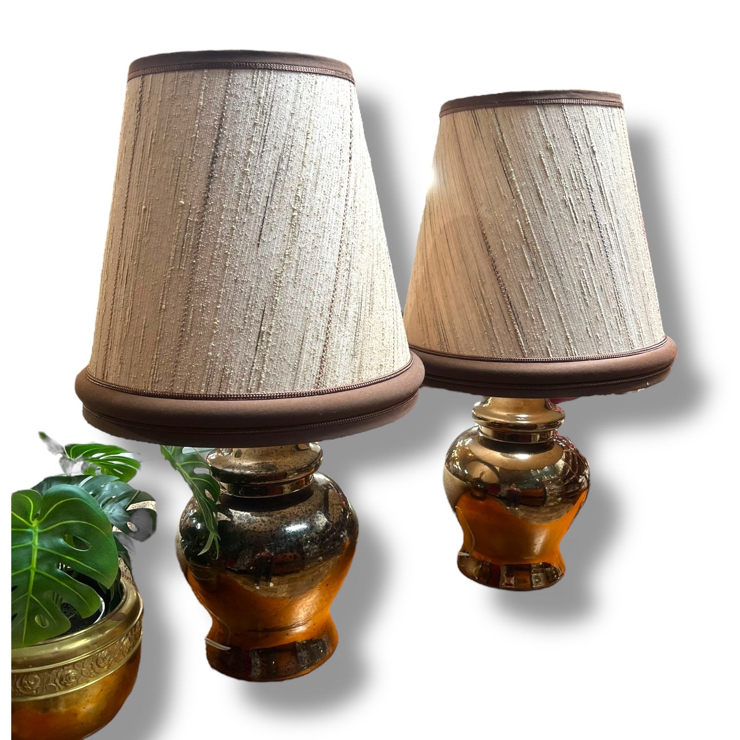 Pair of 1970s Brown Glazed Ceramic Table Lamps with Original Fabric Shades
