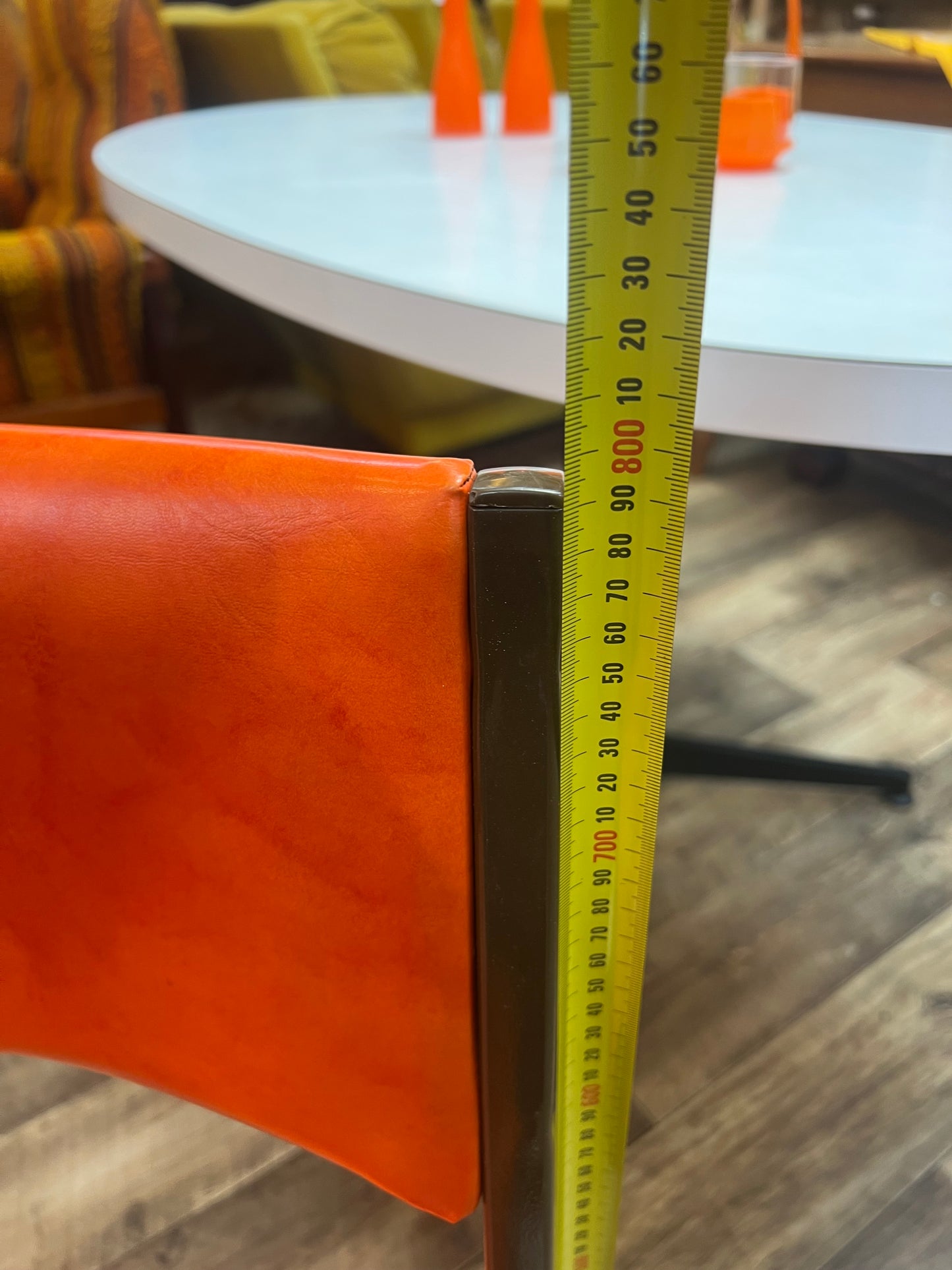 Set of 4 Mid Century Bright Orange Vinyl Dining Chairs with Dark Brown Steel Frames