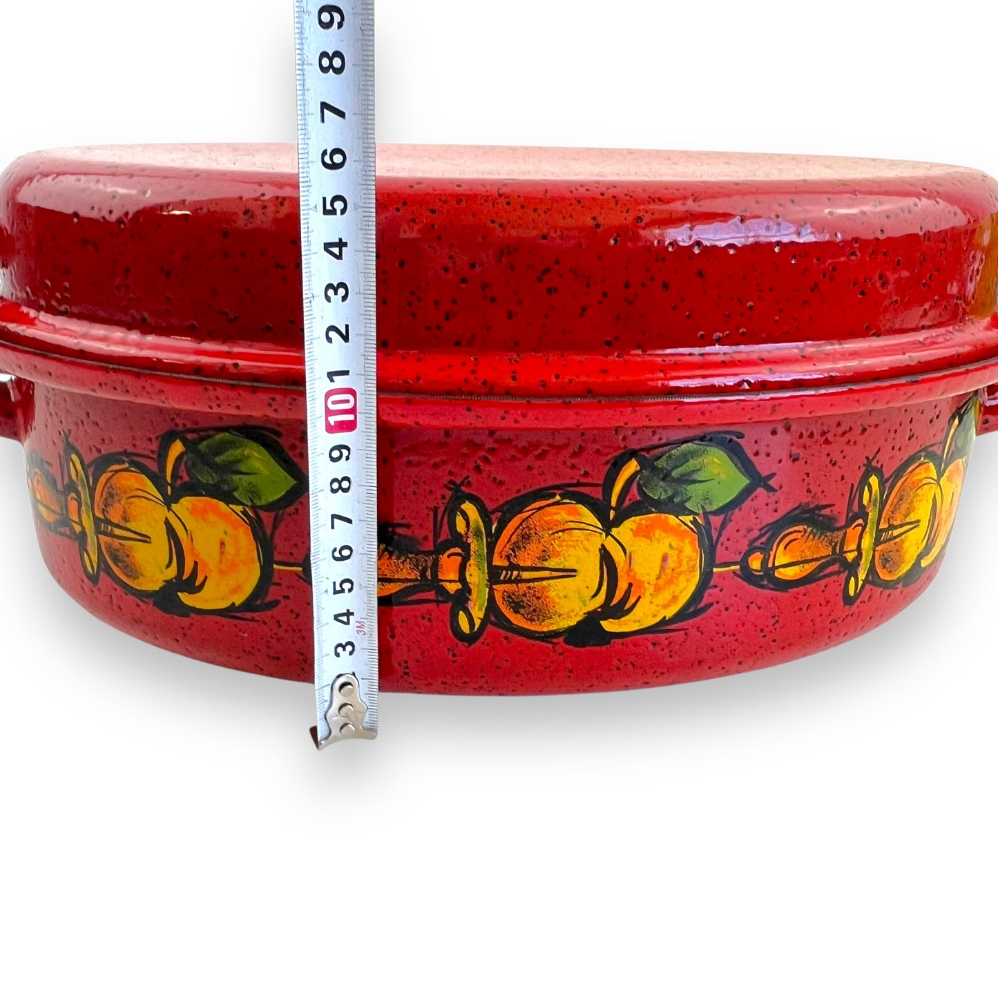 Red Enamelware Dutch Oven – Hand-Painted Fruit Motif, Two-Piece Roasting Pan