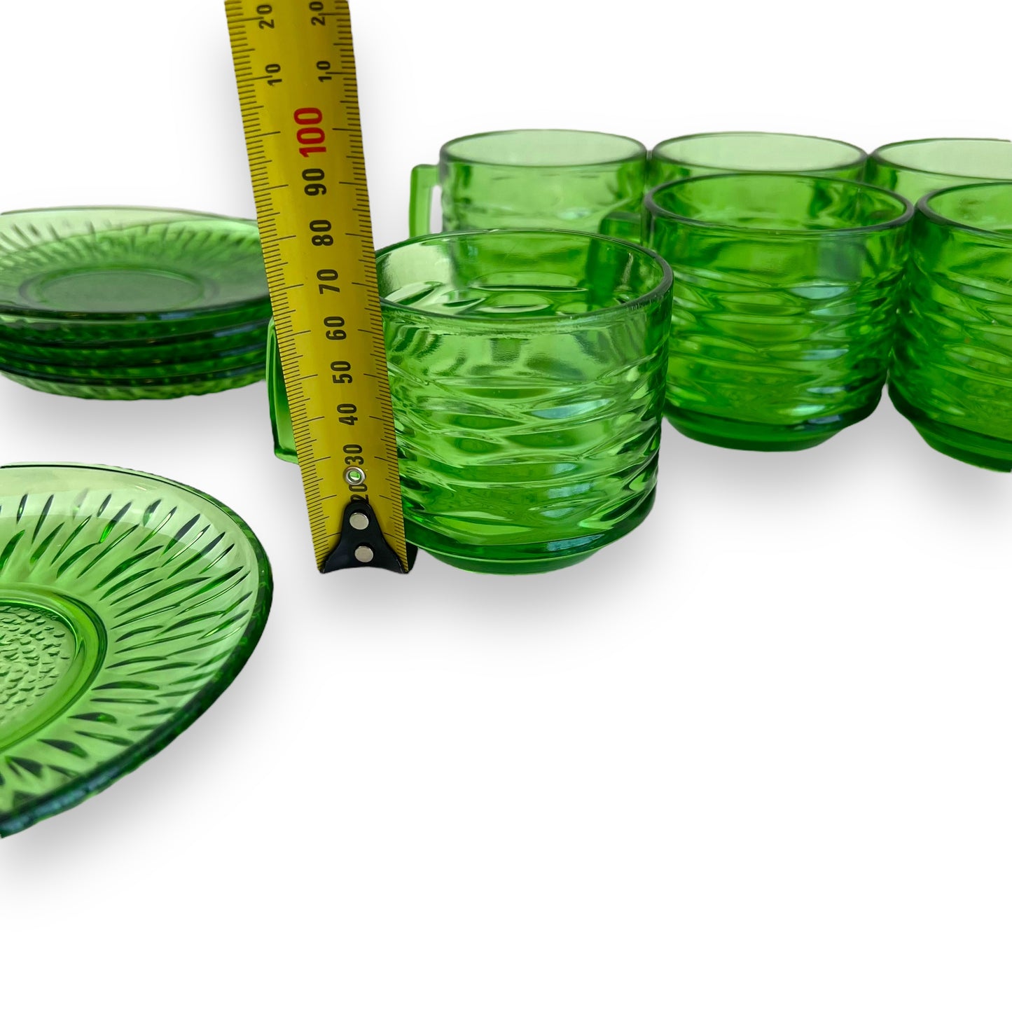 Green glass teacups x6 and 5 matching source plates - made in France