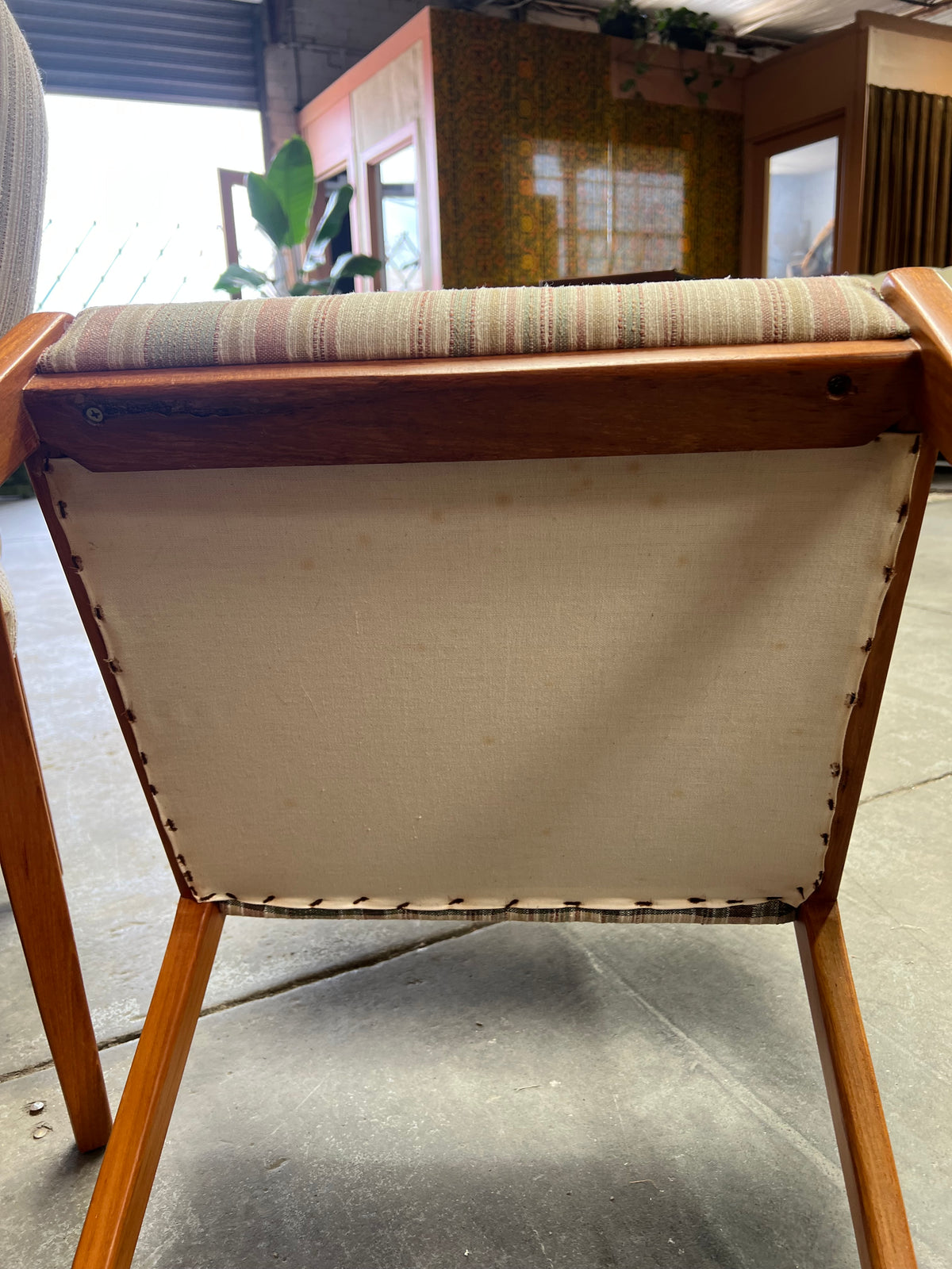 Mid-Century Timber Dining Chairs with Pastel Striped Upholstery – Set of 5
