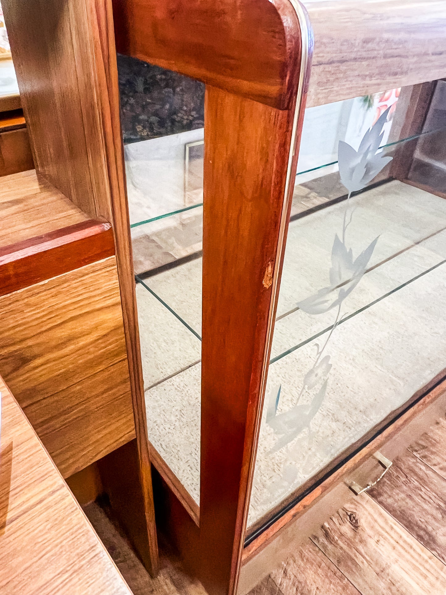 Glass Display Cabinet with Etched Floral Sliding Doors and Mirrored Back