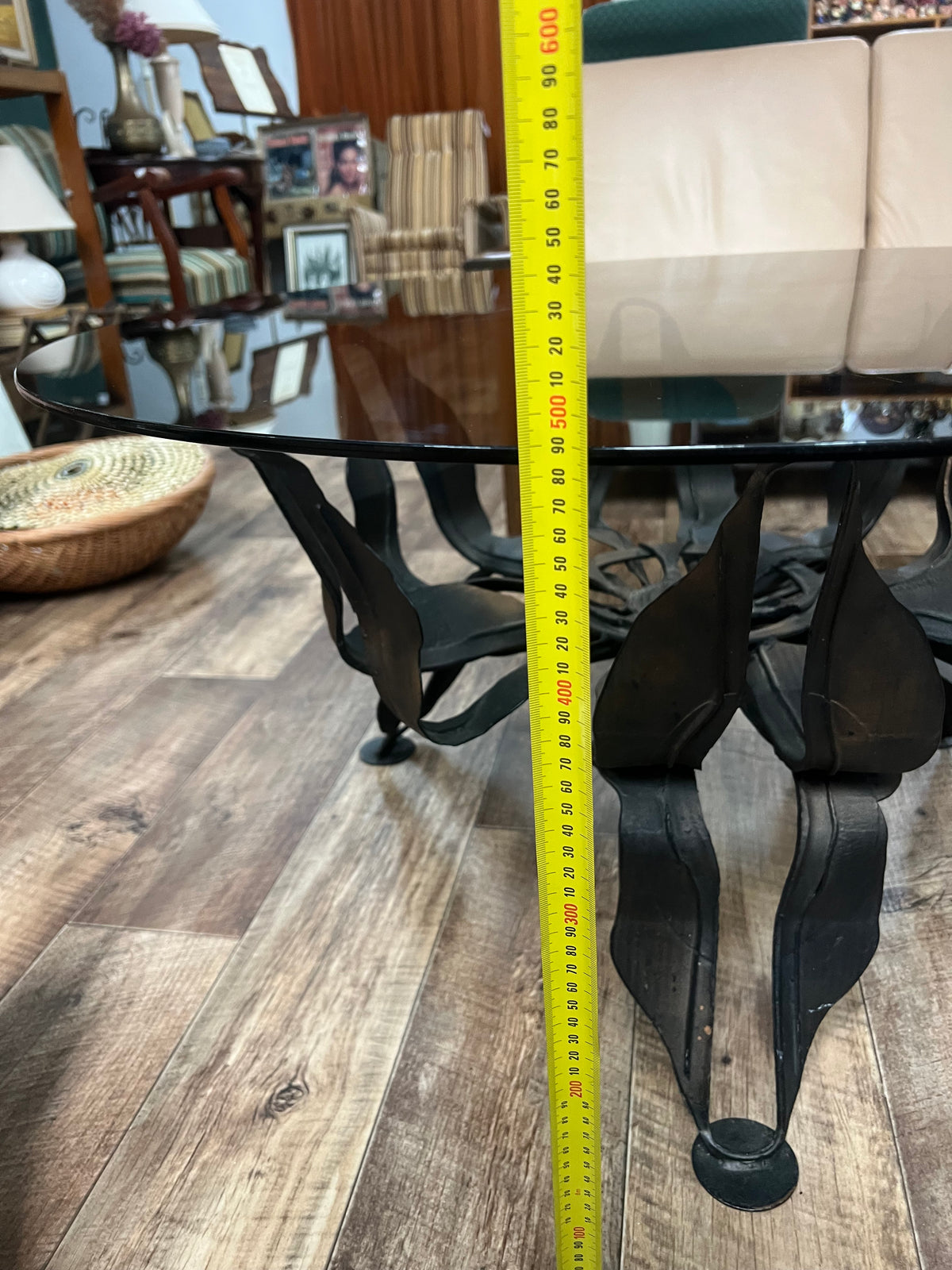 Brutalist Sculptural Metal & Smoked Glass Coffee Table – 91.5cm diameter