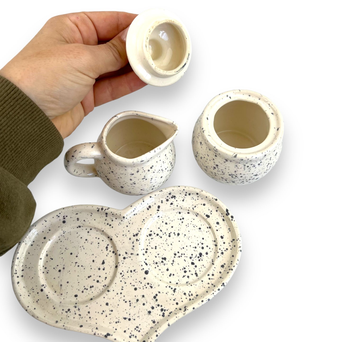 Sugar pot and creamer speckled set with love heart plate