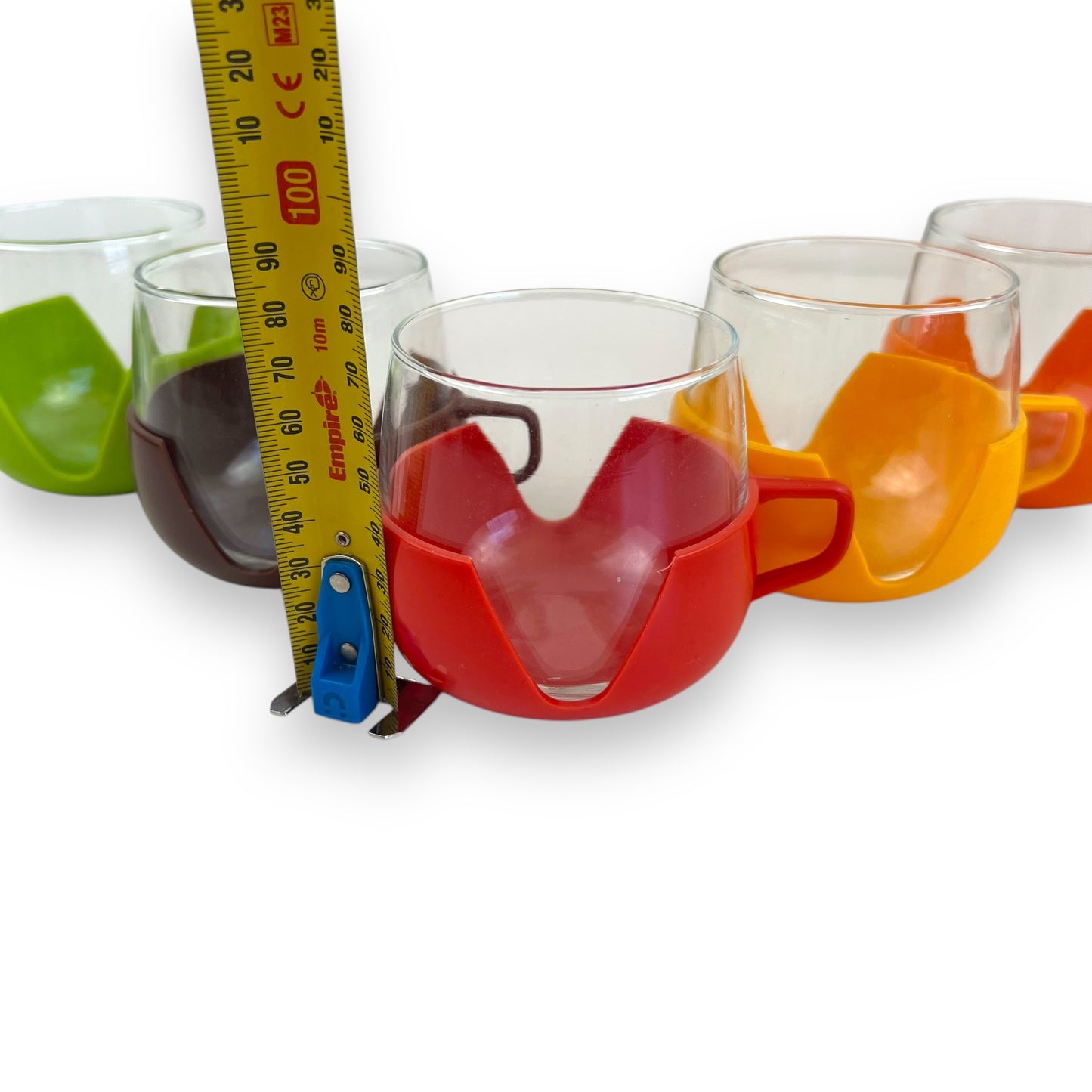 Dutch Glass Cups with Bright Colour Plastic Holders - Made in Holland - 5 Colourful Retro Mugs