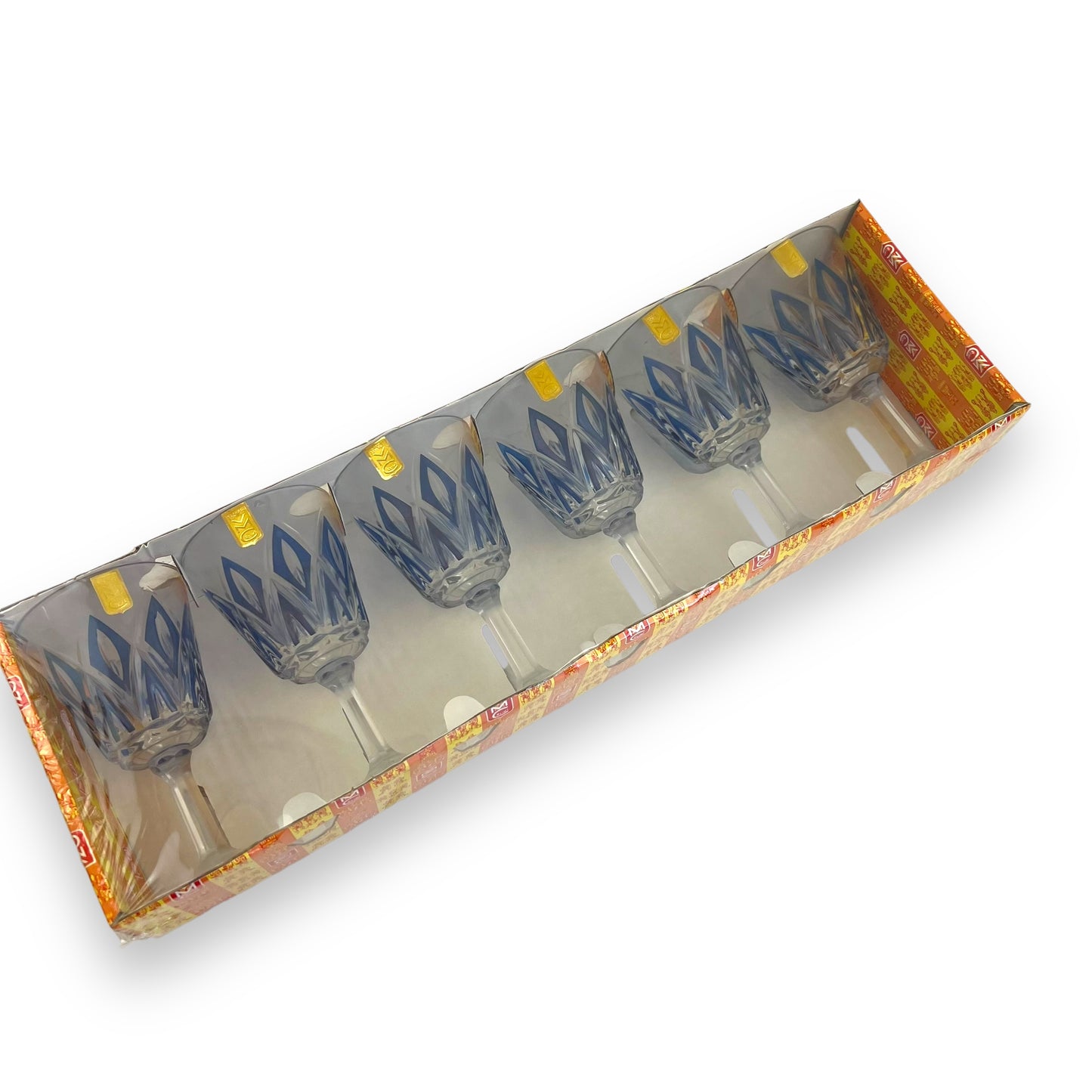 Blue Geometric Wine Glass Set of 6 in Original Box – Mid-Century Modern Style Drinkware