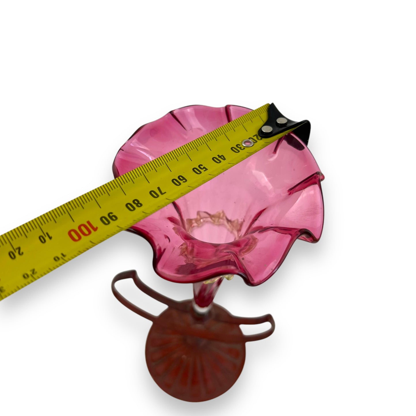 Victorian Cranberry Glass Jack-in-the-Pulpit Vase with Metal Moon Stand (1850-1899)