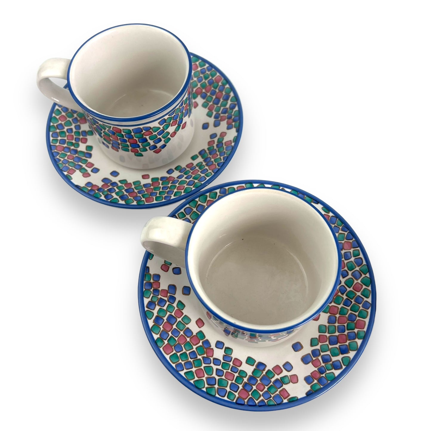 Blue, pink and green square pattern cup and saucer set