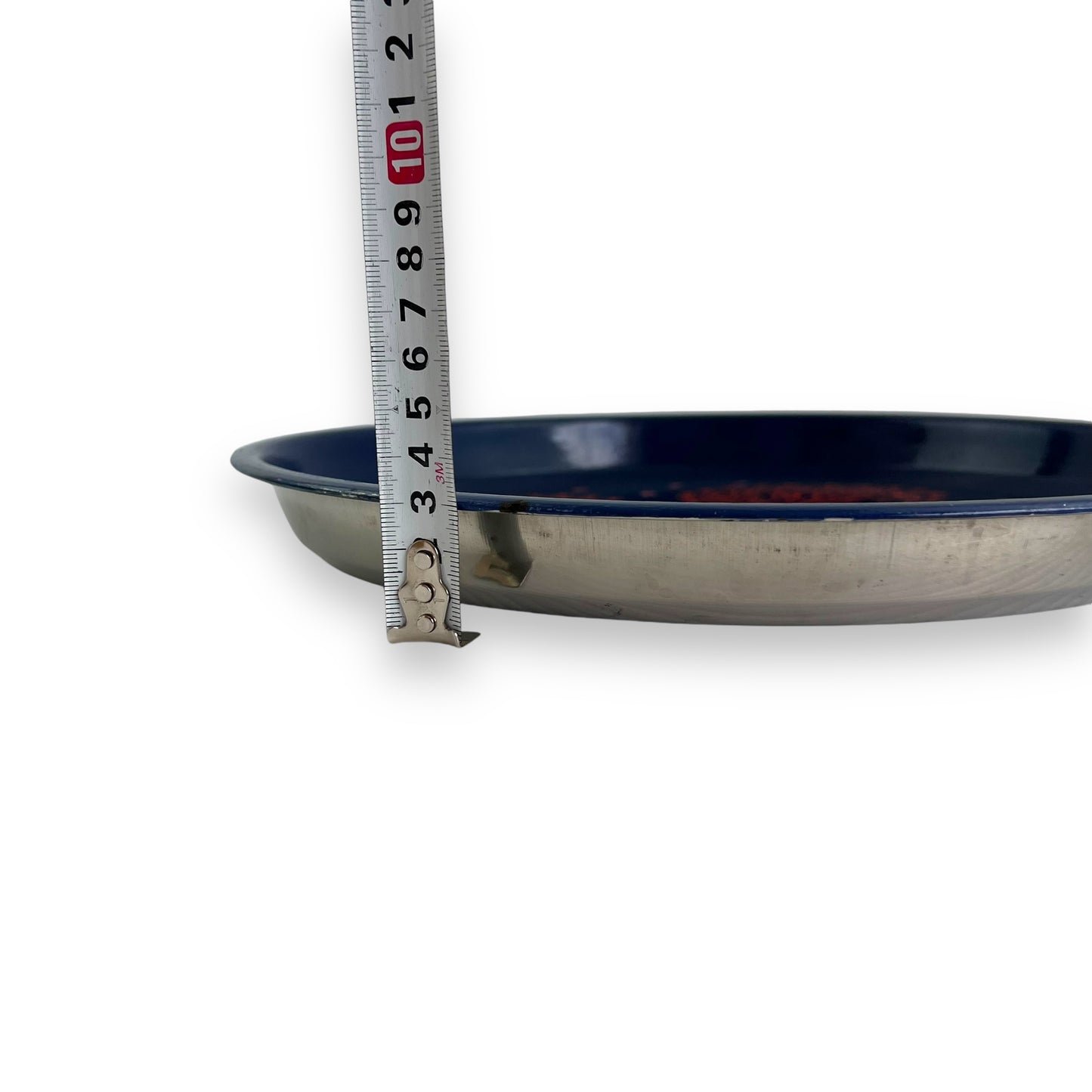 Blue metal tray with orange pattern