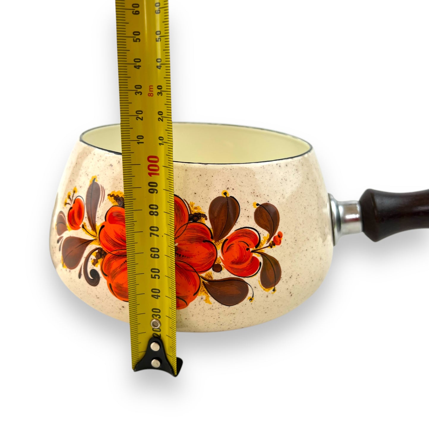 Orange Flower Enamel Fondue Pot with wooden handle