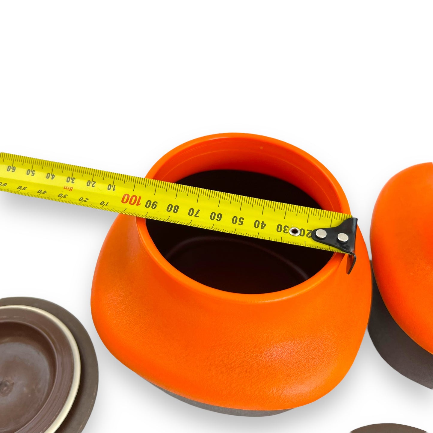 Orange and Brown Plastic Storage Canisters with suction wood look lids