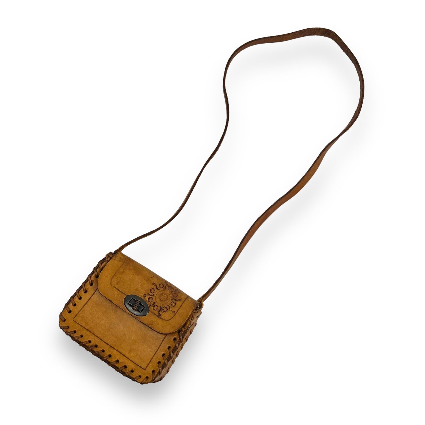 Small Brown Leather Hand Tooled Purse with strap