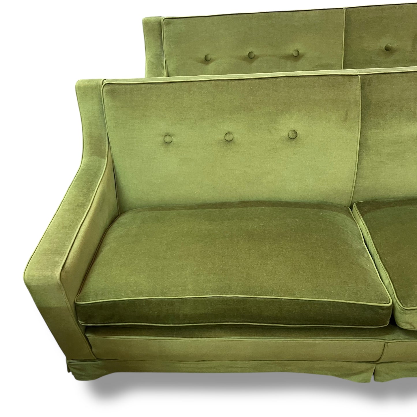 Vintage Designer Lounge Sofa — Green Velvet Upholstery, Feather Cushions
