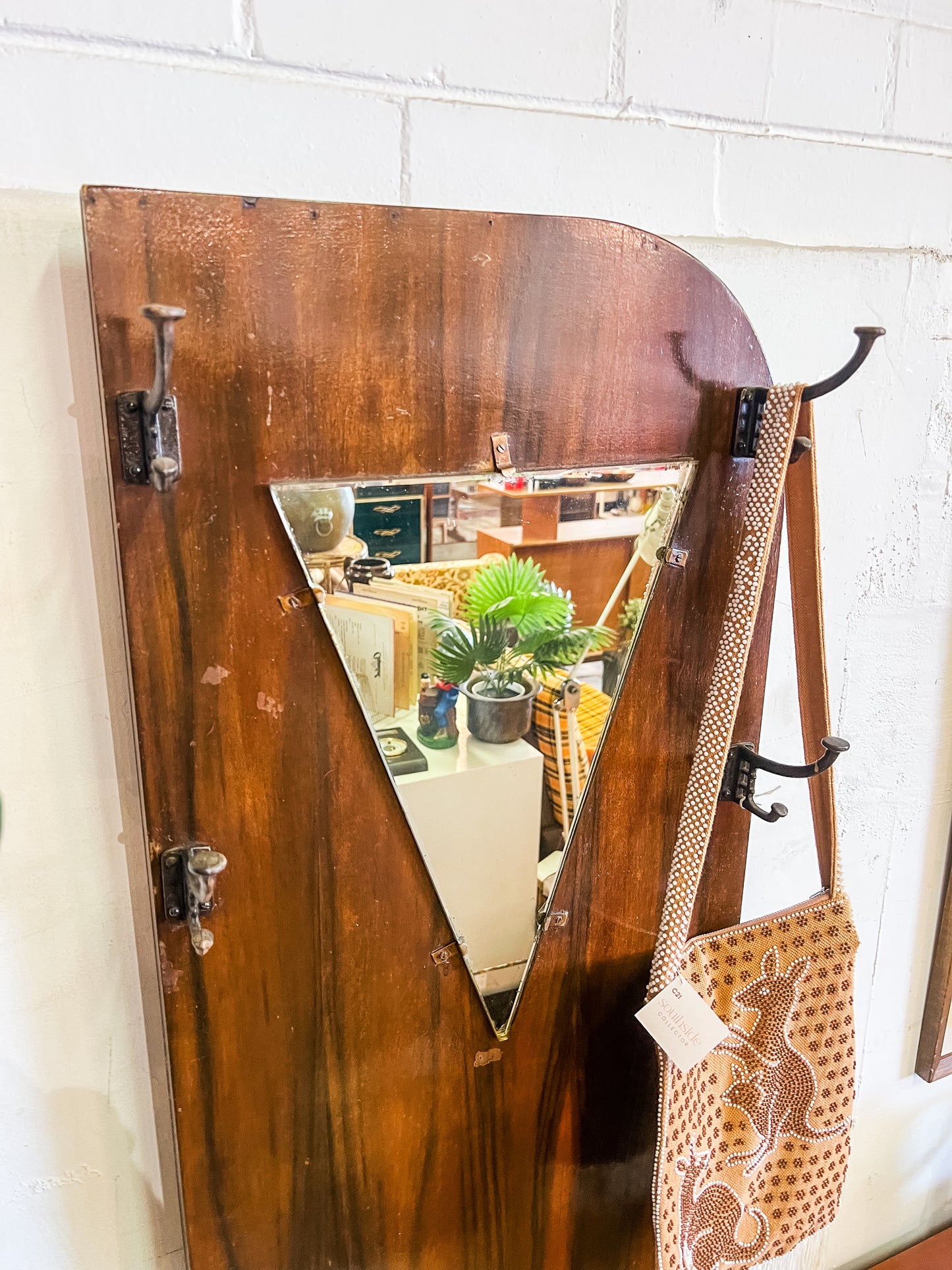 Art Deco Wood Veneer Hallway Stand with Mirror & Hooks