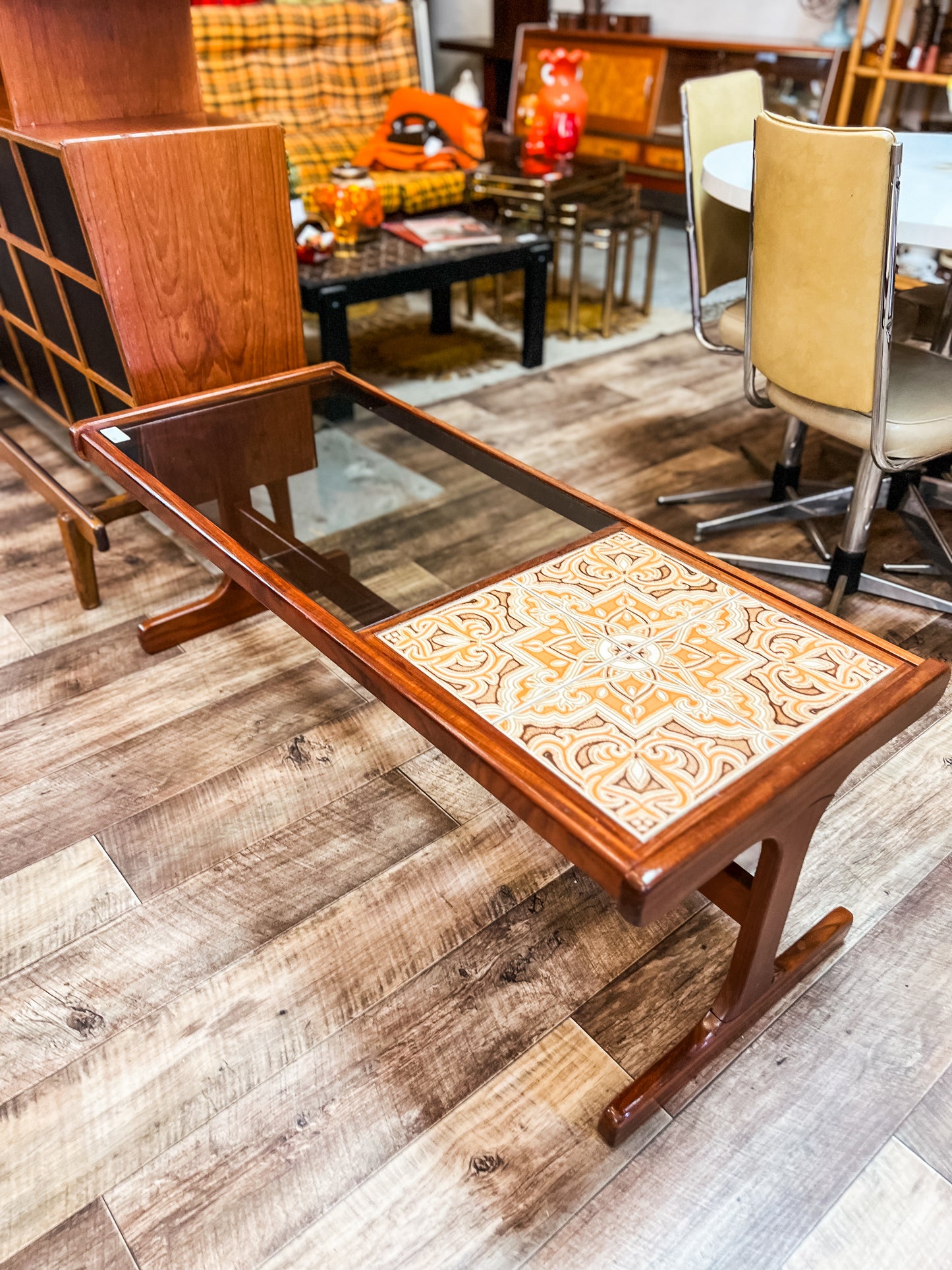 G Plan Teak Coffee Table with Smoked Glass & Ceramic Tile Inlay – 1960s