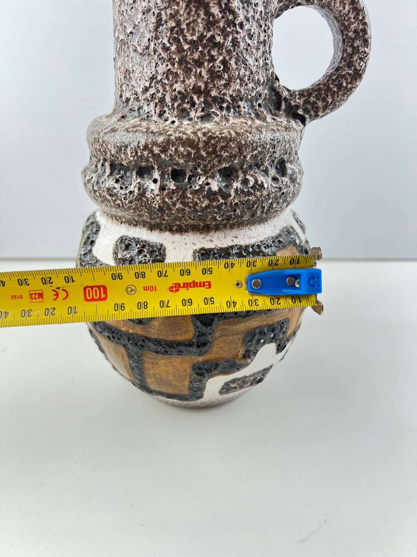 West German Pottery Lava Glaze Handled Vase – Brown, White & Ochre