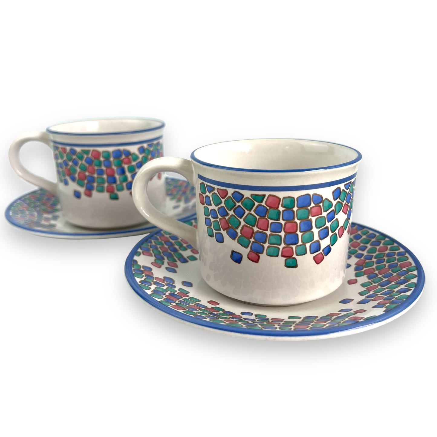 Blue, pink and green square pattern cup and saucer set