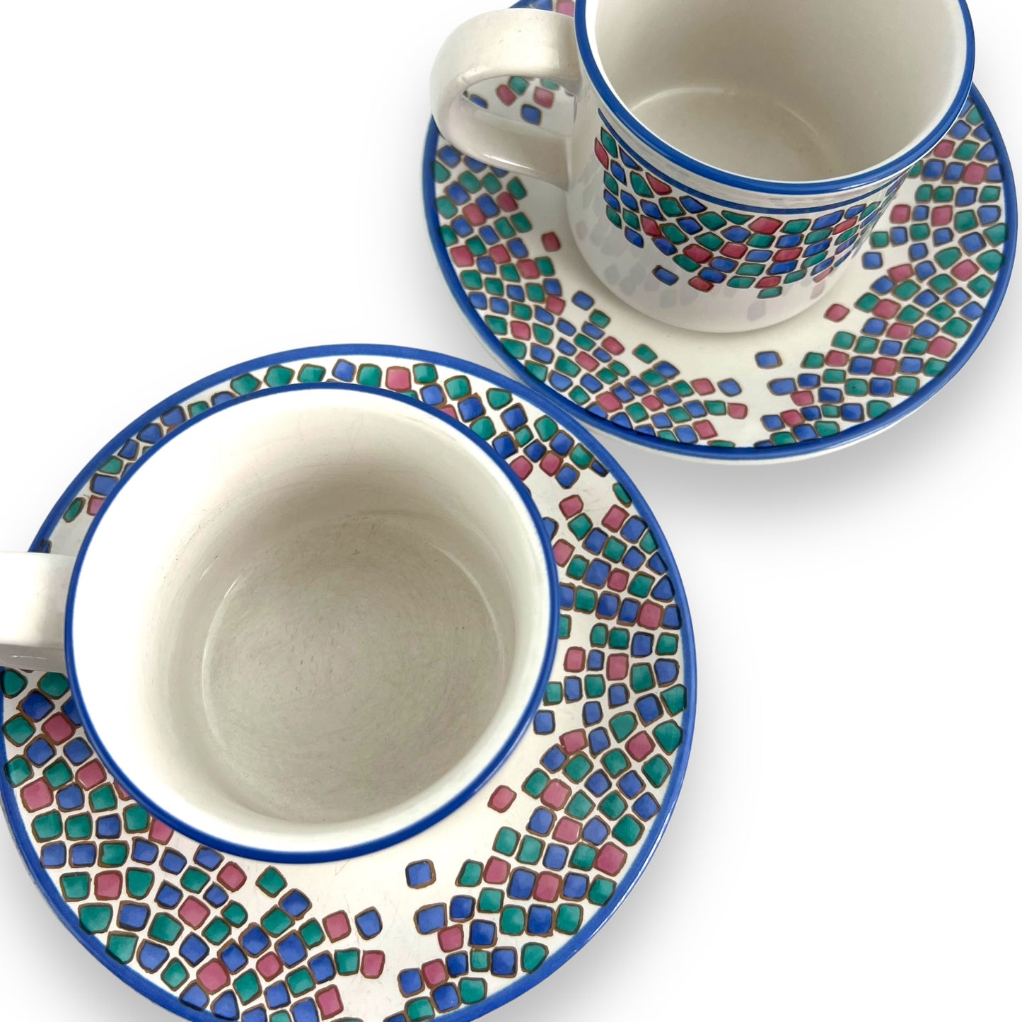 Blue, pink and green square pattern cup and saucer set
