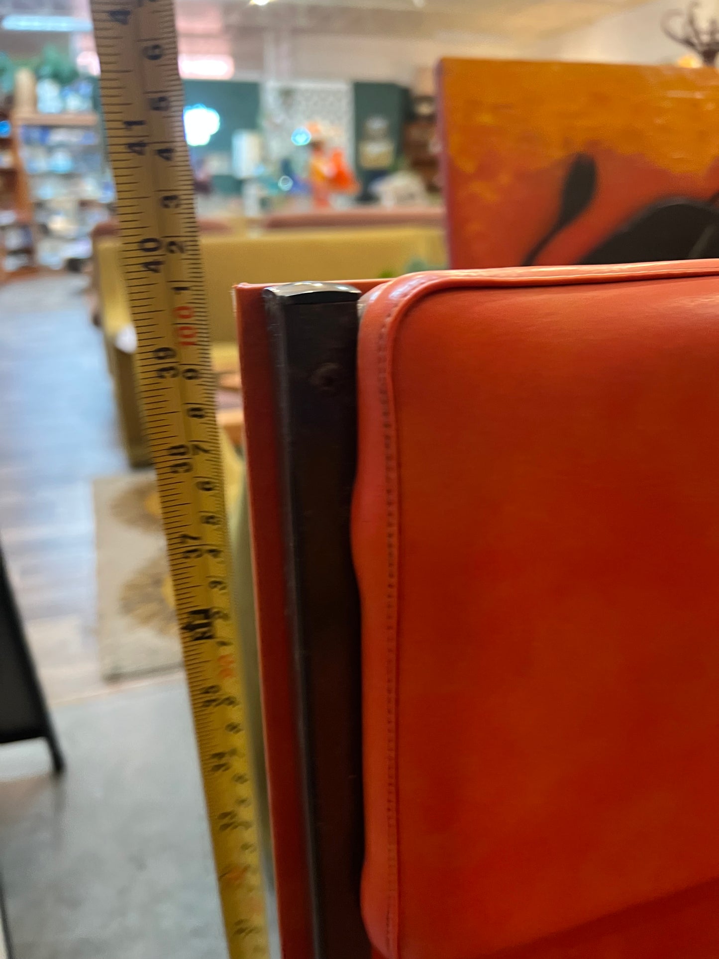 Pair of Vintage Orange Vinyl Bar Stools with Decorative Timber Backs