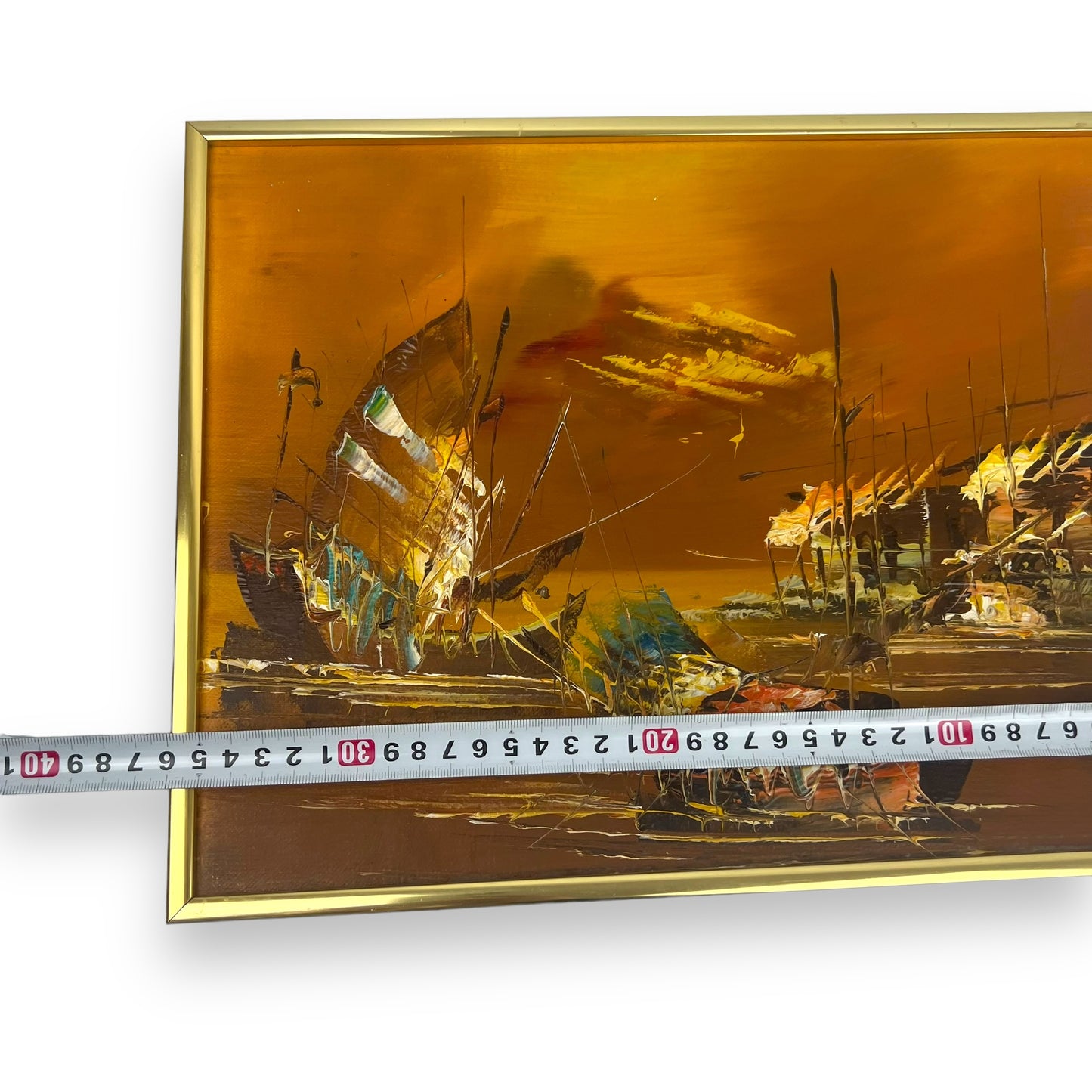 Sailing Ship Oil Painting Orange & Yellow Brass Frame