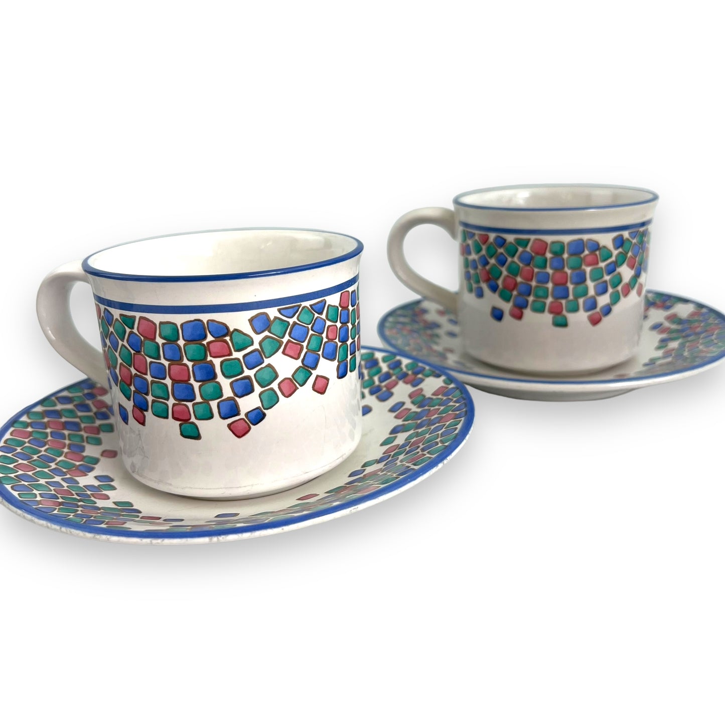 Blue, pink and green square pattern cup and saucer set