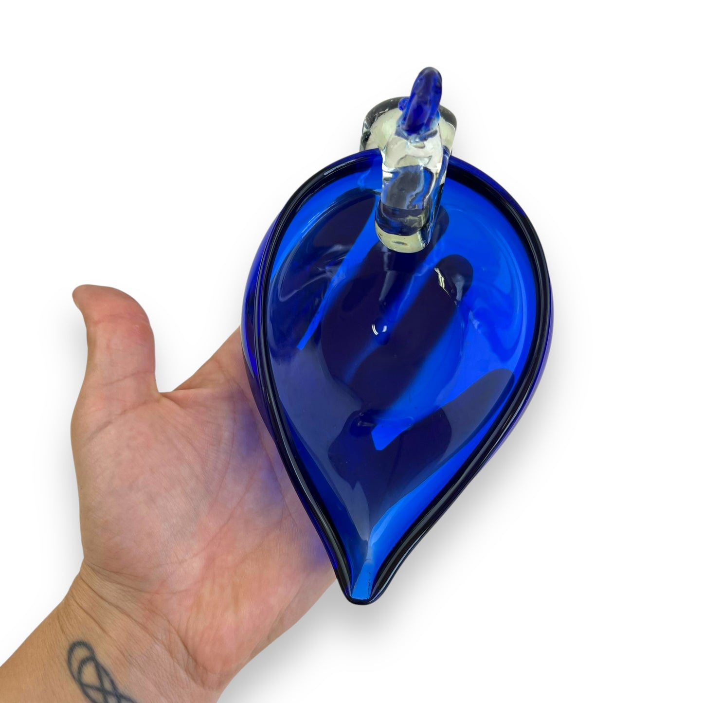 Hand Blown Vintage Blue Glass Art Peacock Swan Bird Trinket Bowl Dish Ashtray