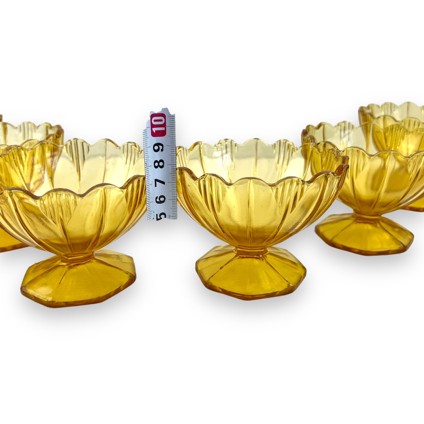 Amber Glass Ripple Edge Octagon Base Sherbet Dish set of 6