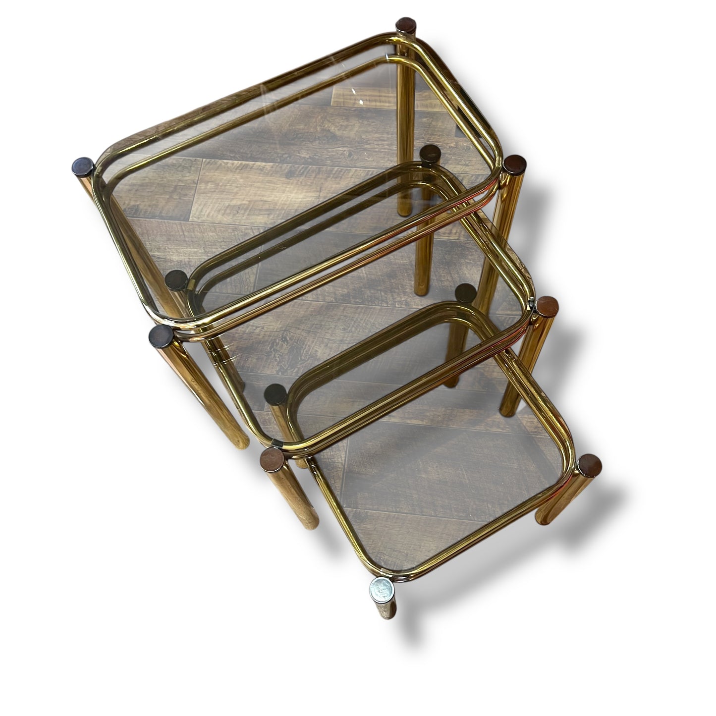 Brass & Smoked Glass Nesting Tables – Set of 3