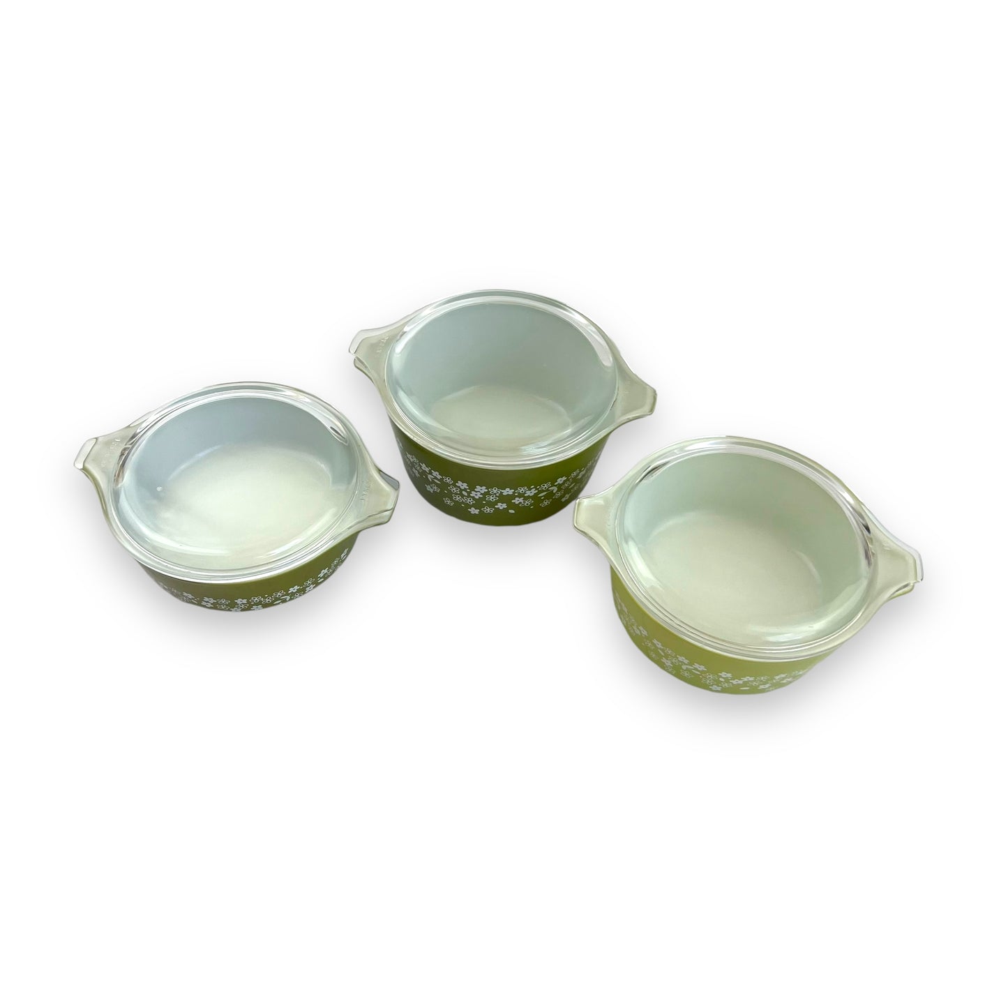 Pyrex Spring Blossom Green Casserole Dish Set of 3 with Lids - Made in USA - 1970s Retro Cookware