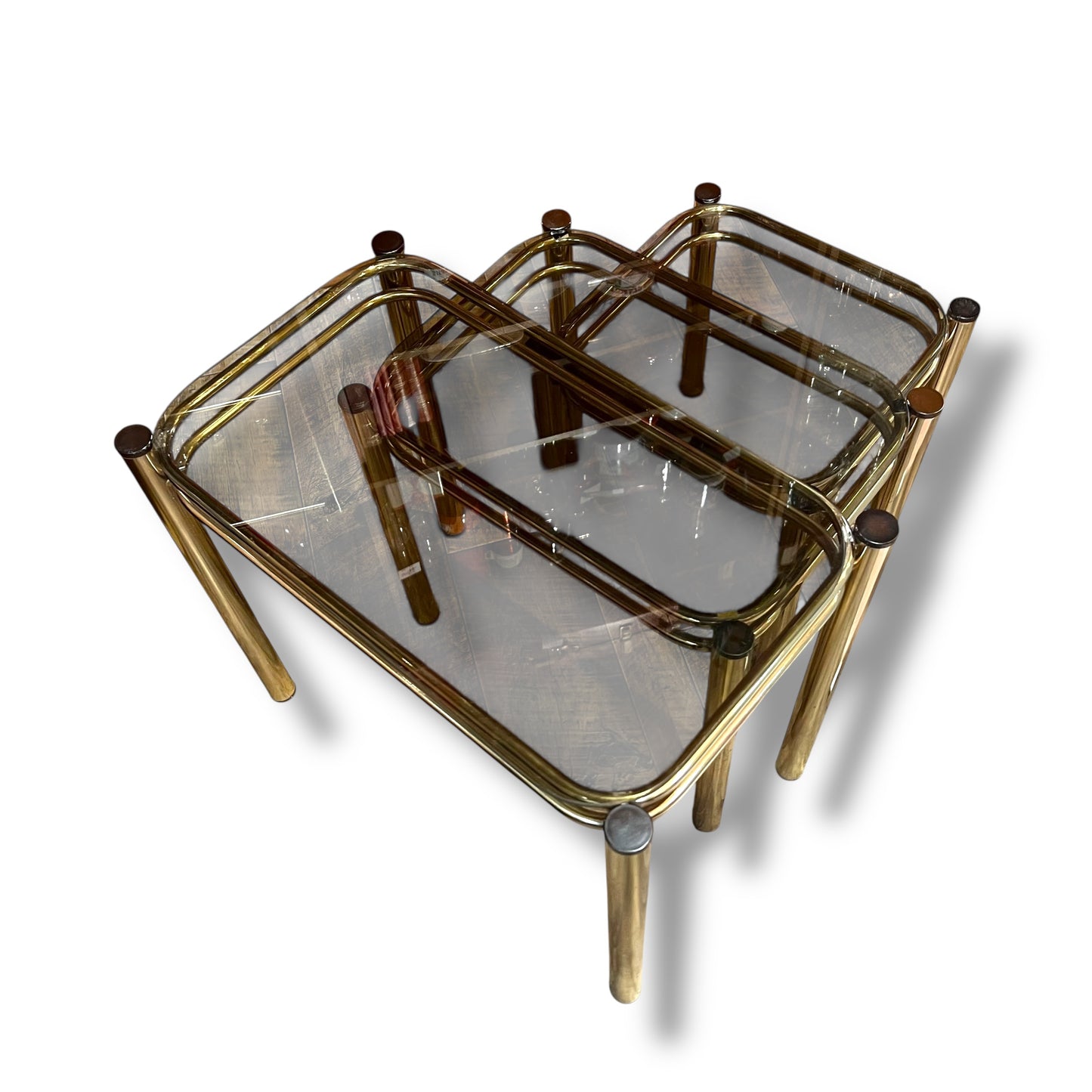 Brass & Smoked Glass Nesting Tables – Set of 3