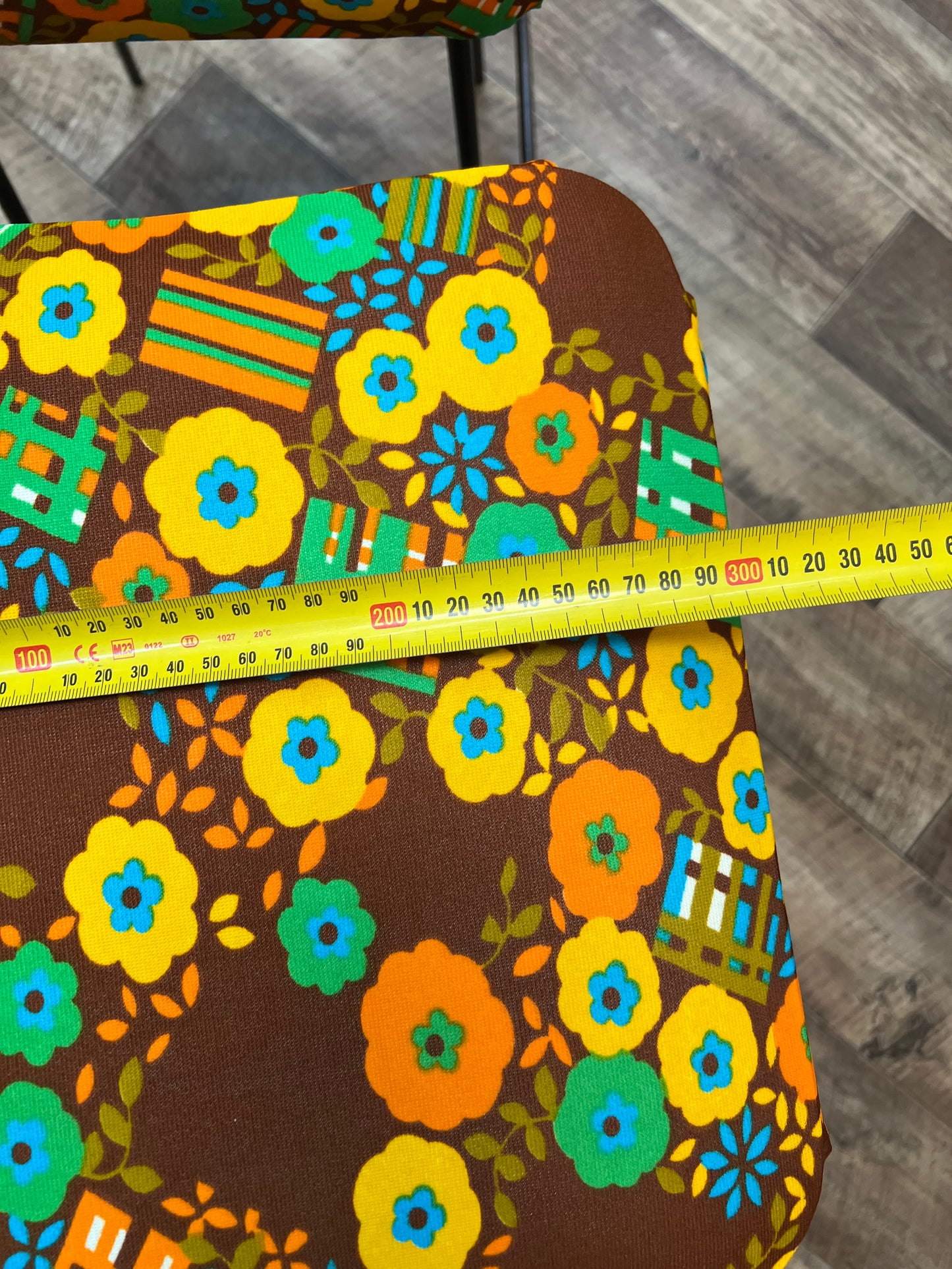 Retro flower pattern pair of stools black steel legs